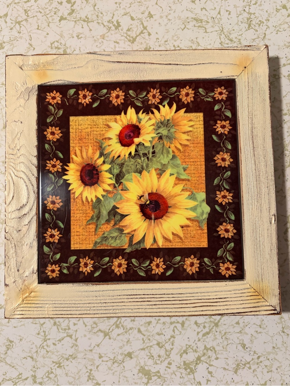 Vintage Sunflower Tile Wooden Wall Art Trivet 8x8